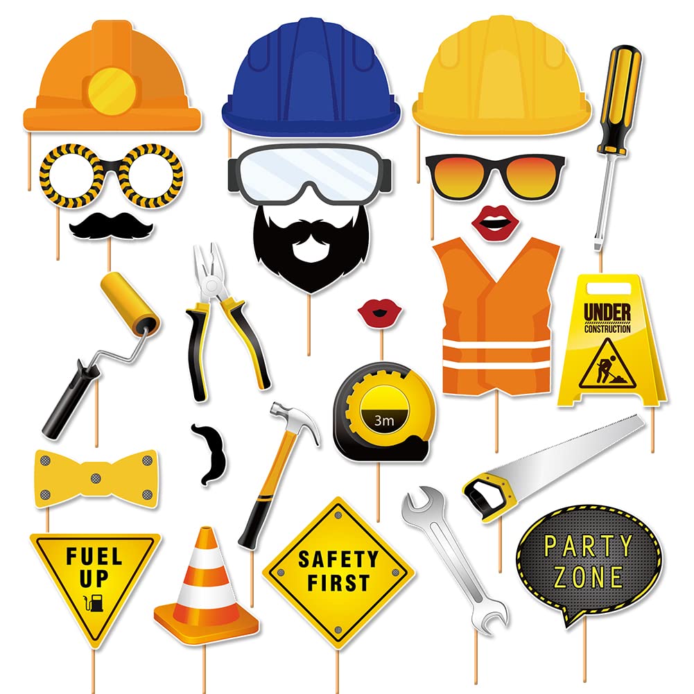 Syijupo 25 Pcs Excavator Photo Props, Excavator Theme Child Birthday Party Photo Booth Props Funny Photo Props, for Child Party Birthday Party Wedding Halloween Decoration (12)
