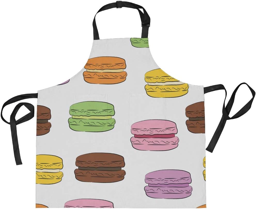 DOMIKING Colorful Macaroon Cookies Kitchen Apron with Pockets Bib Aprons for Women and Men, Adjustable Cross Back Apron