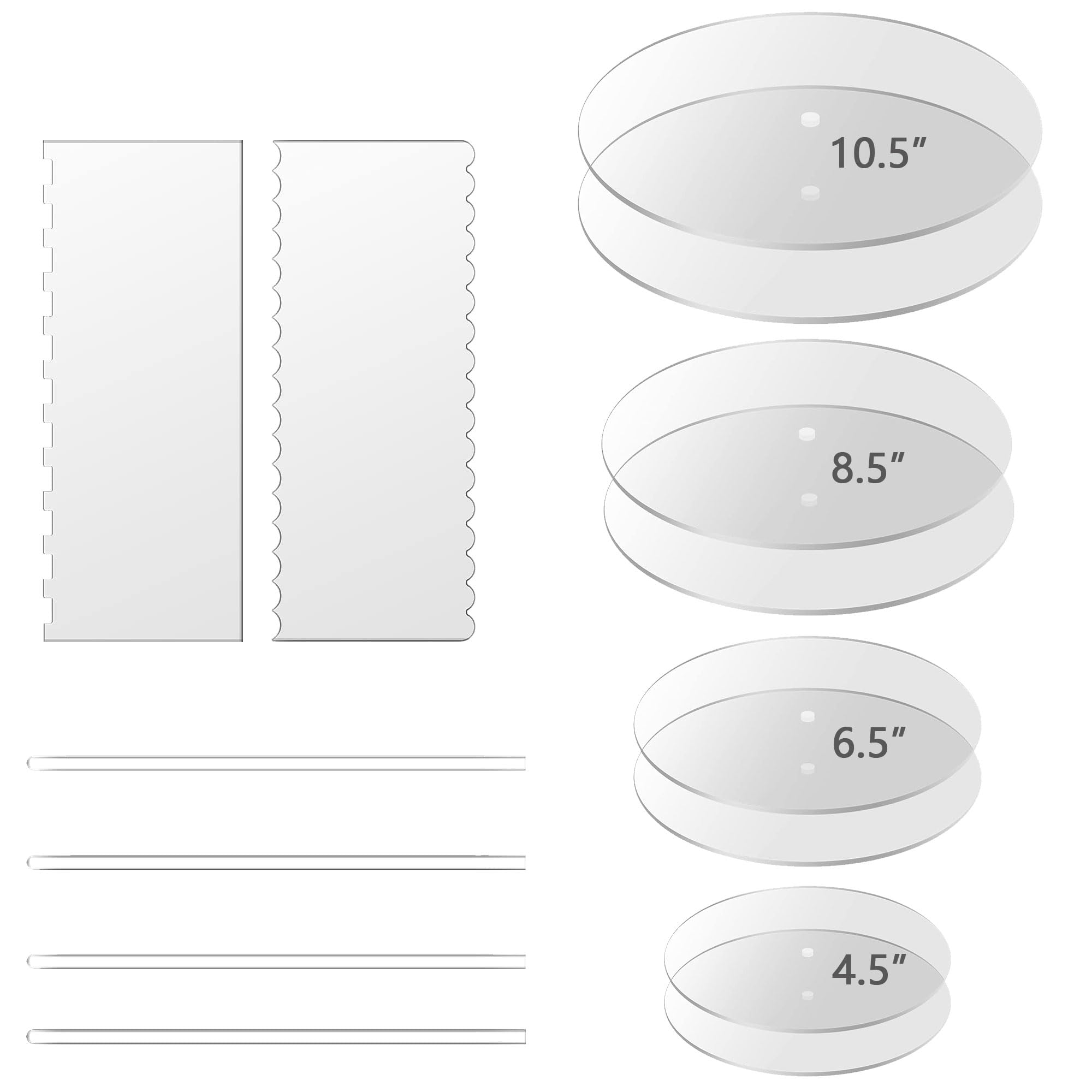 Photo 1 of Acrylic Cake Disc, Round 4.5/6.5/8.5/10.5 Inch Acrylic Cake Disk Set, Includes Comb Scrapers,Dowel Rods,Icing Scraper,Cake Acrylic Discs for Icing 4 Tier Cakes