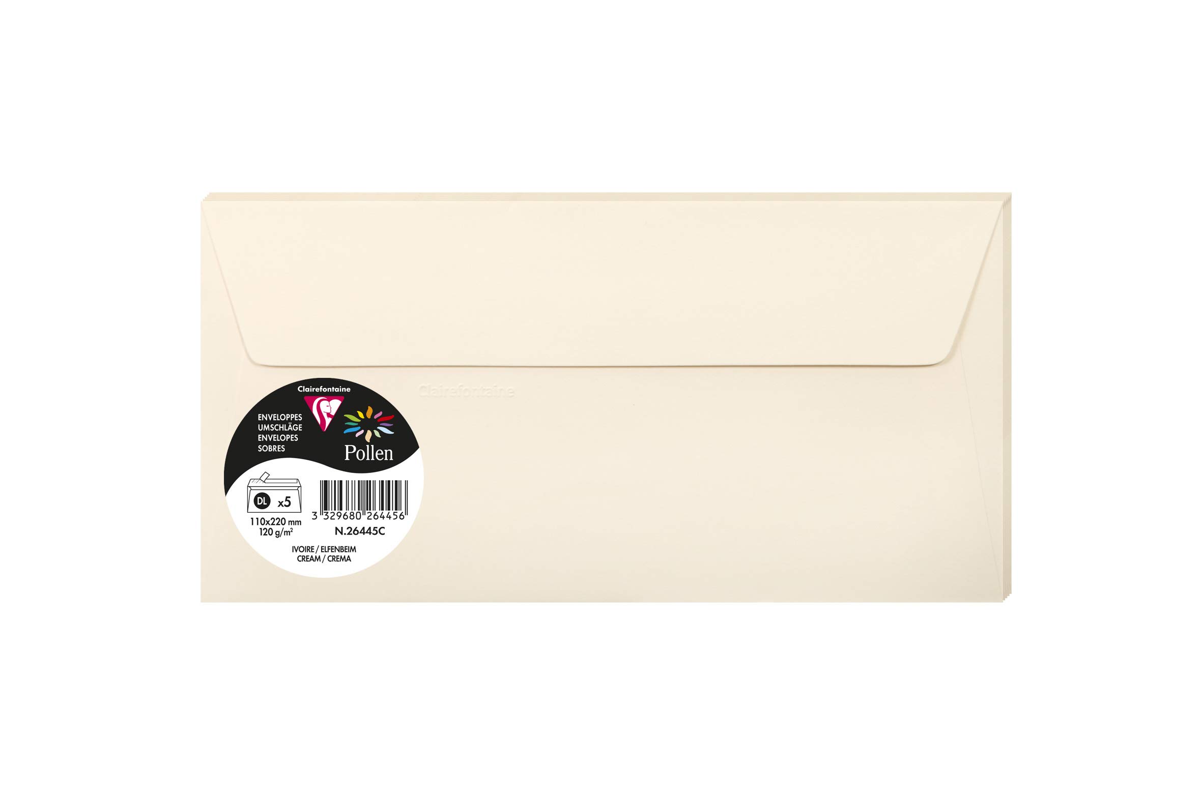Clairefontaine 26445C Pack of 5 Self-Adhesive Envelopes Format DL 11x22cm 120g/m² Cream Invitation Events and Correspondence Range Pollen Premium Smooth Paper
