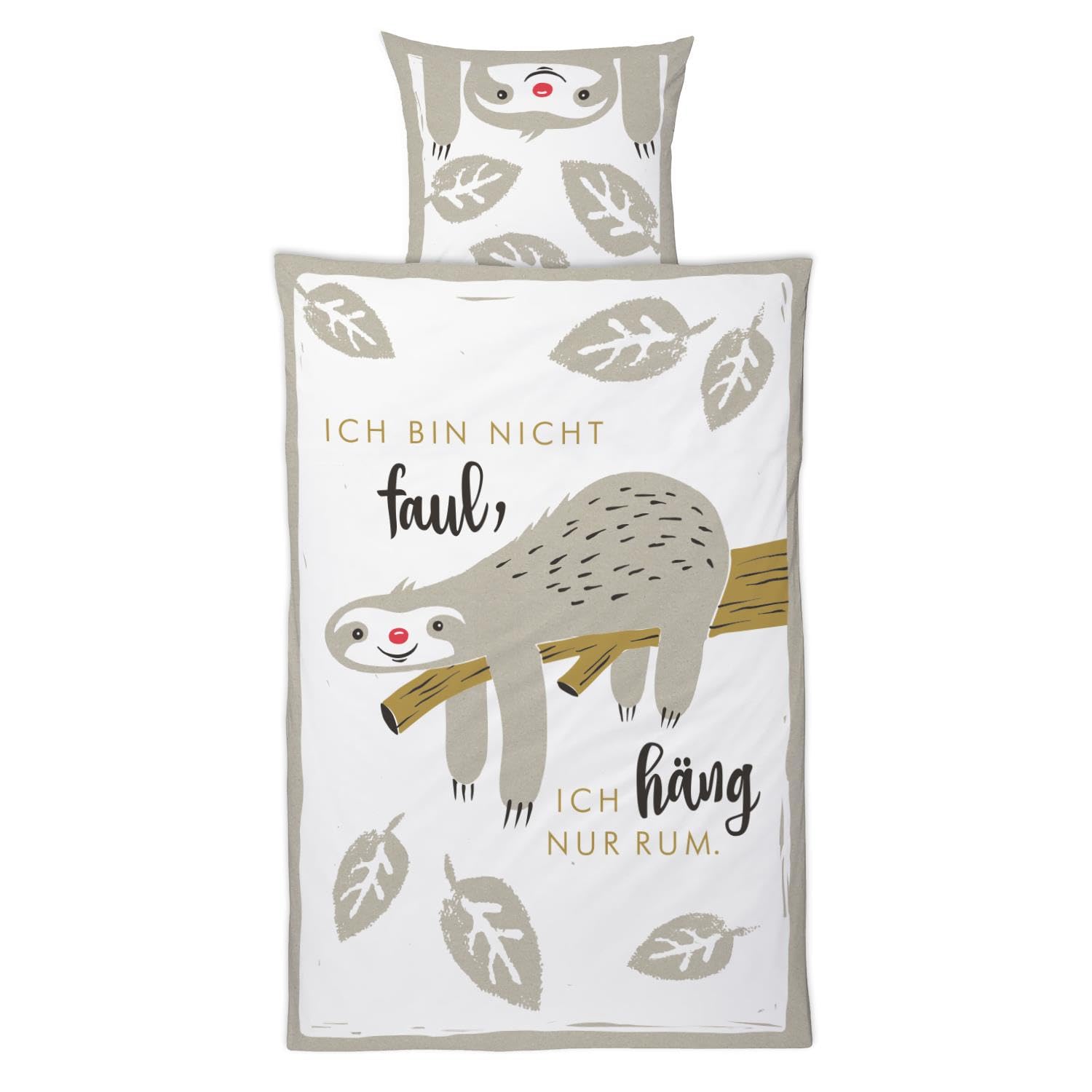 H:)PPY life 45175 Sloth Bed Linen - Cotton - Duvet Cover 135 x 200 cm - Pillow 80 x 80 cm - 2-Piece Bedding Set - White