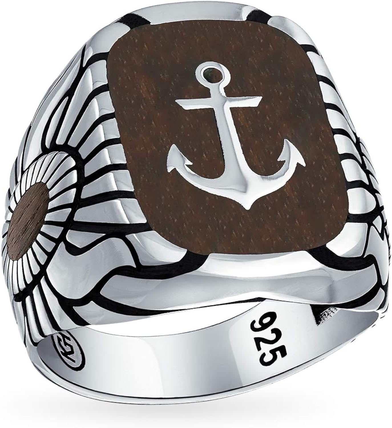 Mens Nautical Etched Brown Wood Inset Large Boat Anchor Ring For