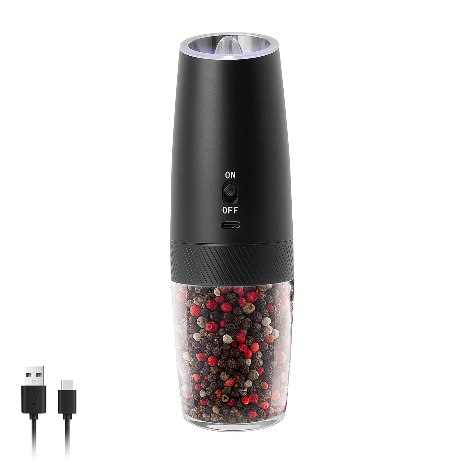 ELMWAY Gravity Rechargeable Salt and Pepper Grinder – Automatic Electric Salt & Pepper Mill with Adjustable Coarseness, One-Hand Operation, LED Light & Safety Switch – Black (Single)