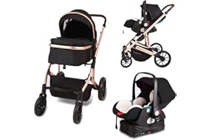TRENANA 3 in 1 Infant Baby Stroller with Bassinet Mode,Car Seat & Latch Base - Rear Facing Car Seat and Car Seat Base, Car Seat to Stroller in Seconds - Travel System Compatible(Color:Black)