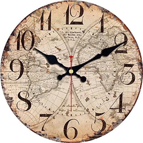 Shuaxin Wooden Wall Clock 6 Inch Small Kids Room Wall Clock,Vintage Style Map Design Big Arabic Numerals Home Decorative Silent Non Ticking Wall Clock