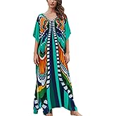 Lziizl Kaftan Dresses for Women Plus Size Bathing Suit Cover up Batwing Sleeve Caftan Maxi Beach Dress