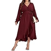 SCOMCHIC Women Plus Size Formal Dresses Fall Long Sleeve Faux Wrap V Neck High Low Ruffle Cocktail Wedding Guest Maxi Dress