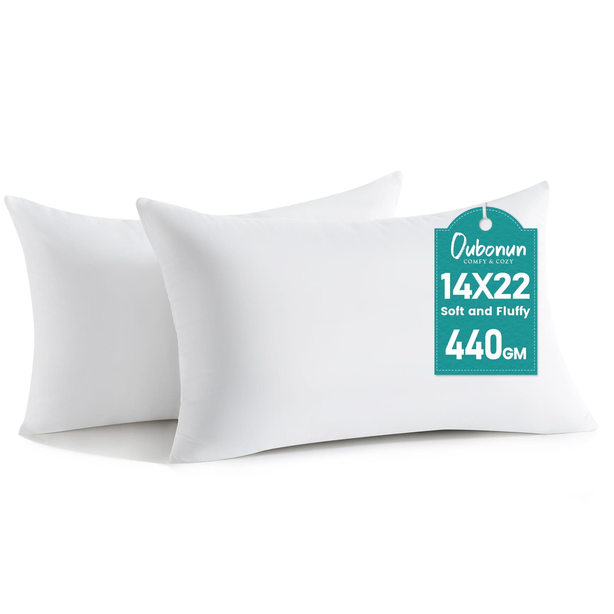 Oubonun 14 x 22 Throw Pillow Inserts - Soft, Plush & Decorative Down Alternative Pillows for Couch Sofa Bed, Machine Washable - White, Pack of 2