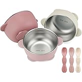 PandaEar 3 Pack Stainless Steel Suction Baby Bowls & 3 Baby Feeding Spoons | Non-Slip Stay Put Bowls & Soft Silicone First Stage Spoons for Toddlers, BPA-Free Baby Led Weaning Set (Pink White)