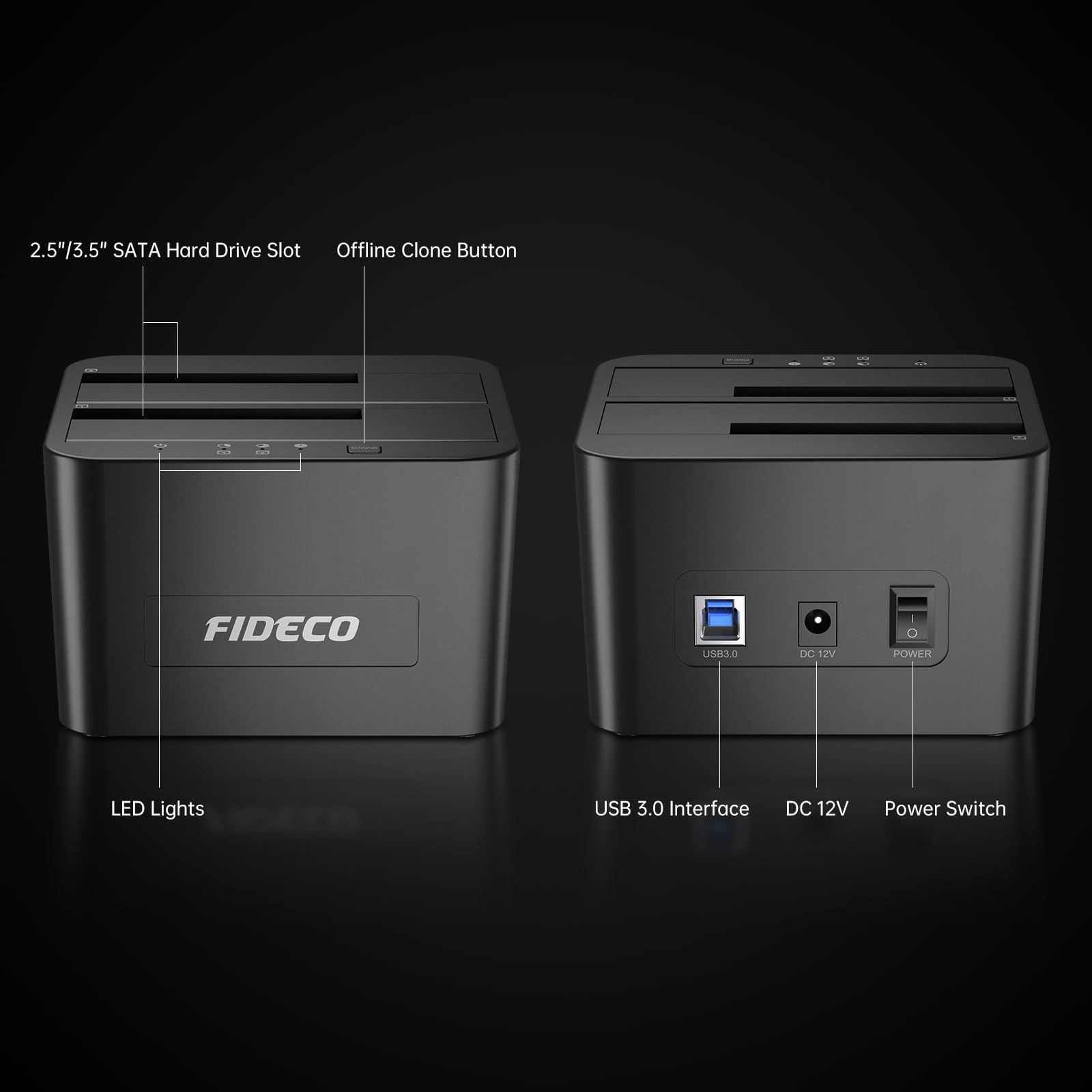 Fideco Hard Drive Docking Station, Usb 3.0 Sata Hdd Docking Station For 2.5 &Amp; 3.5 Inch Sata Hdd/Ssd, Dual Bay, Support Offline Clone - View 7