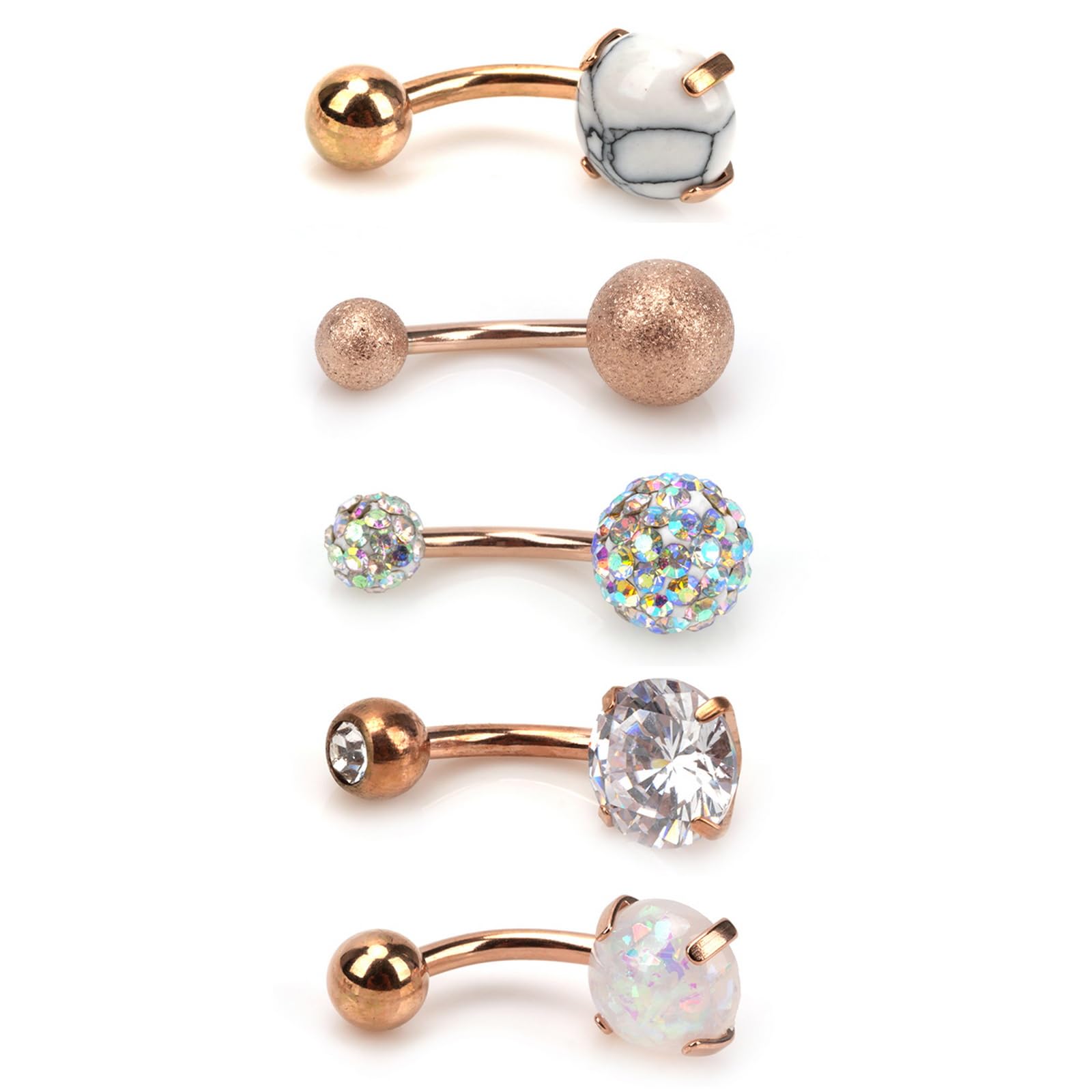Beaute Pack of 5 Stainless Steel Belly Button Ring Set 14 Gauge Navel Barbell Bars Zircon Piercing Jewellery (Rose Gold)