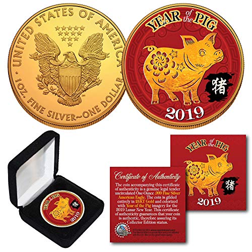 2019 Lunar New YEAR OF THE PIG 24K Gold Plated 1 OZ AMERICAN SILVER EAGLE w/Box