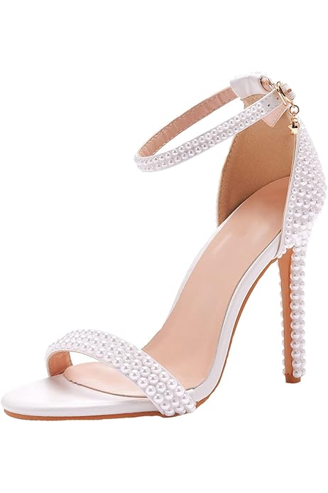 Amazon.com | 4.3'' Ivory Pearls Stiletto Heels Sandals Peep Toe