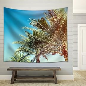 Palm Tree Over Blue Sky - Fabric Wall Tapestry Home Decor - 51x60 inches