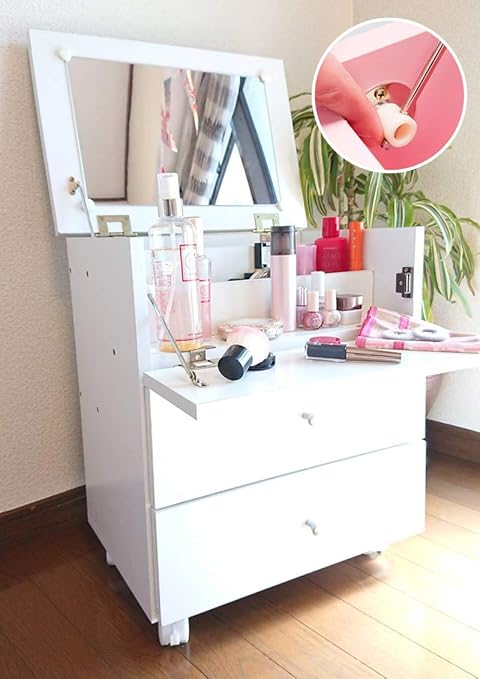 Amazon 完成品 メイクボックス ドレッサー チェスト ミー 幅45 奥行き31 高さ53cm コスメボックス ドレッサー コスメ メイク 化粧台 収納 鏡 収納 ミラー メイクボックス キャスター付き テーブル デスク コンパクト 可愛い かわいい ワゴン ホワイト 鏡台