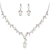 EVER FAITH Wedding Pearl Jewelry for Bride CZ Crystal Simulated Pearls Floral Vine Filigree Bridal Necklace Earrings Set