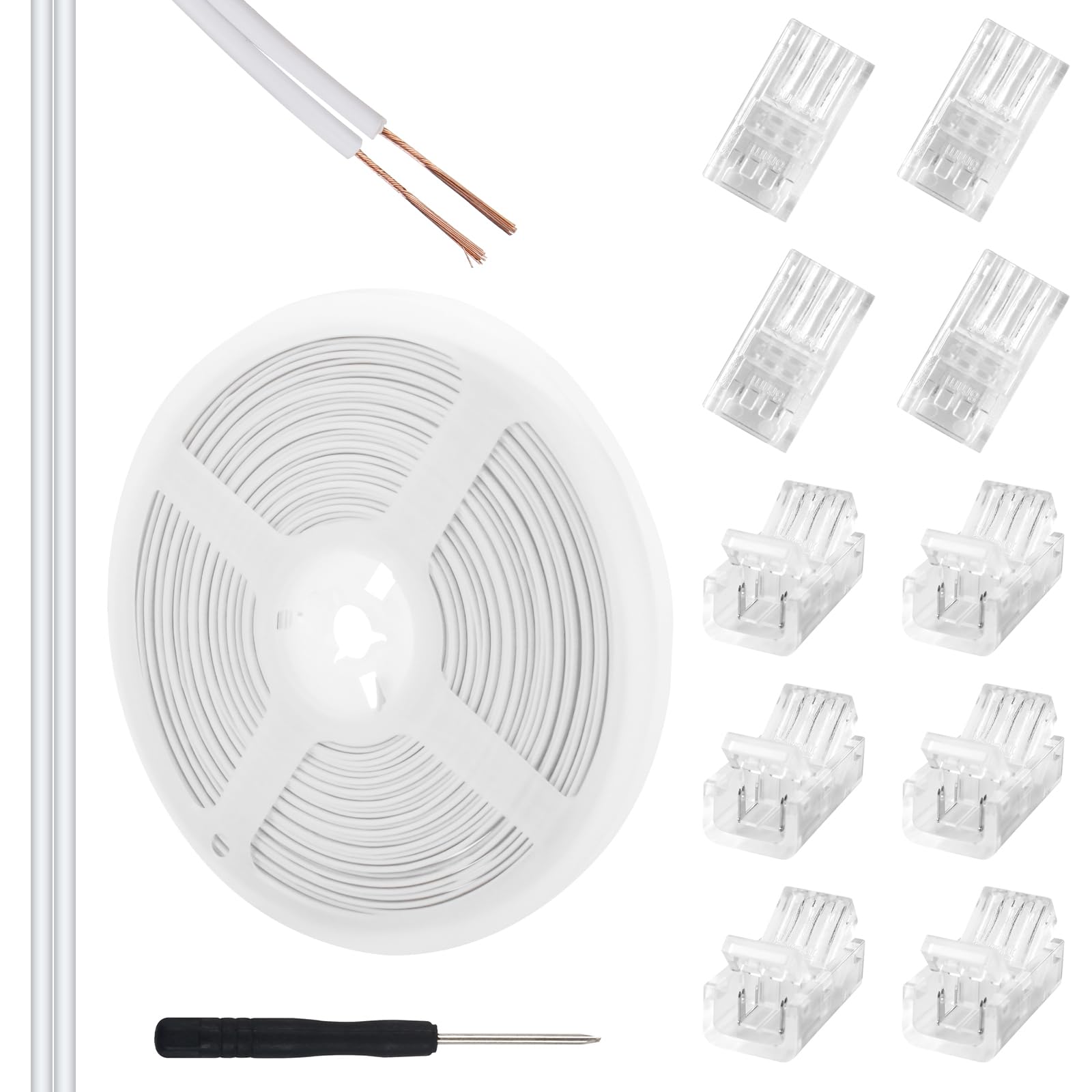 Aroidful 10Pcs 8mm 2 Pin COB LED Strip Light Connectors and 32.8ft / 10M 2 Pin Extension Cable Strip to Wire Quick Connection for Waterproof or Non-Waterproof 8mm Wide COB LED Strip Lights