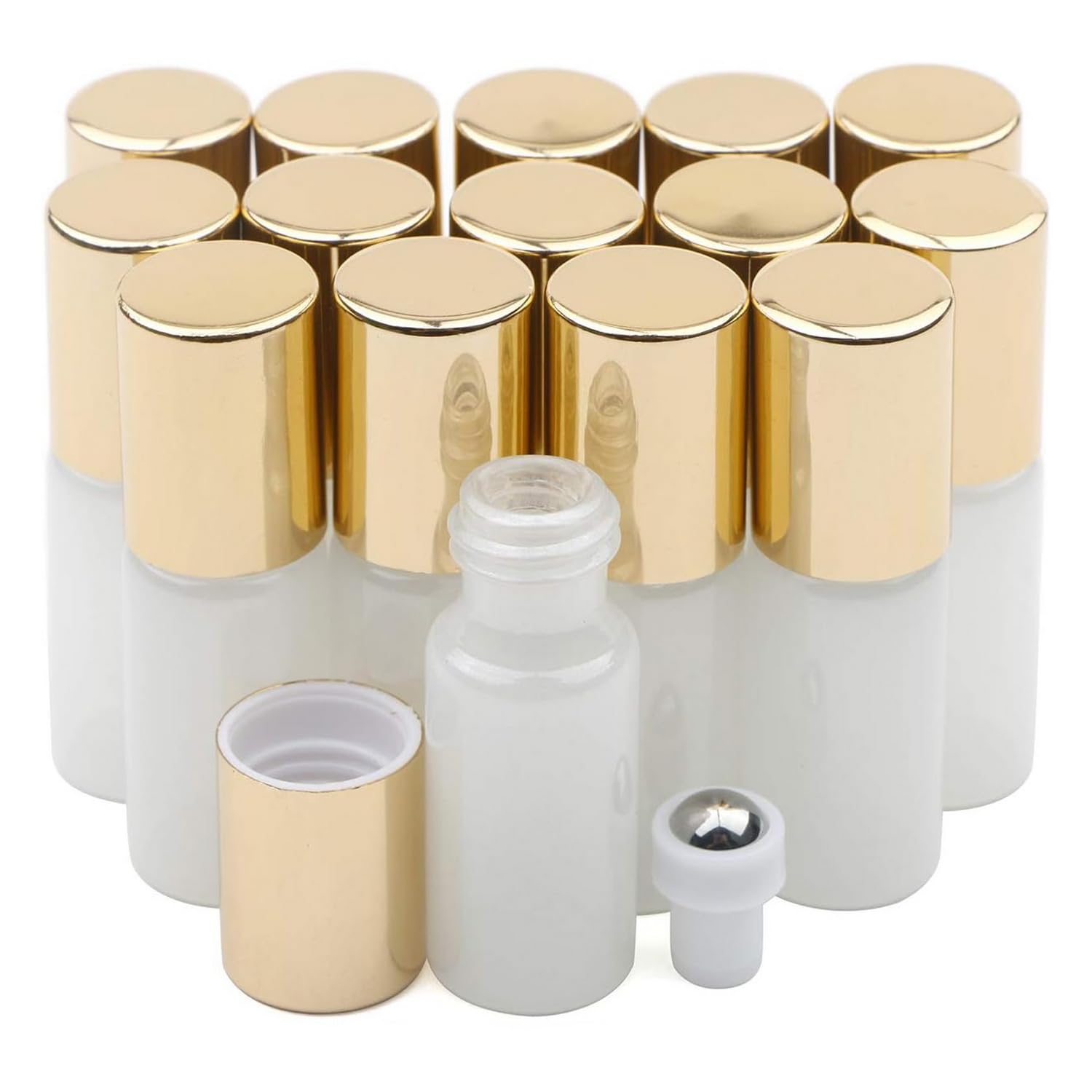 Pxyelec 15 Pack 5ml Glass Roller Bottles for Essential Oils & Perfume - Golden & White Empty Rollerball Bottles, Refillable Roller Ball Applicator, Leak-Proof, Portable Travel Set, Aromatherapy