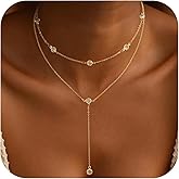Eaciy Lariat Gold Necklace for Women, Dainty Long Necklace 14k Gold Plated Y-Shaped Necklace Trendy Layered Bar Paperclip Link Beaded Chain Necklaces Simple Gold Jewelry for Women Gift