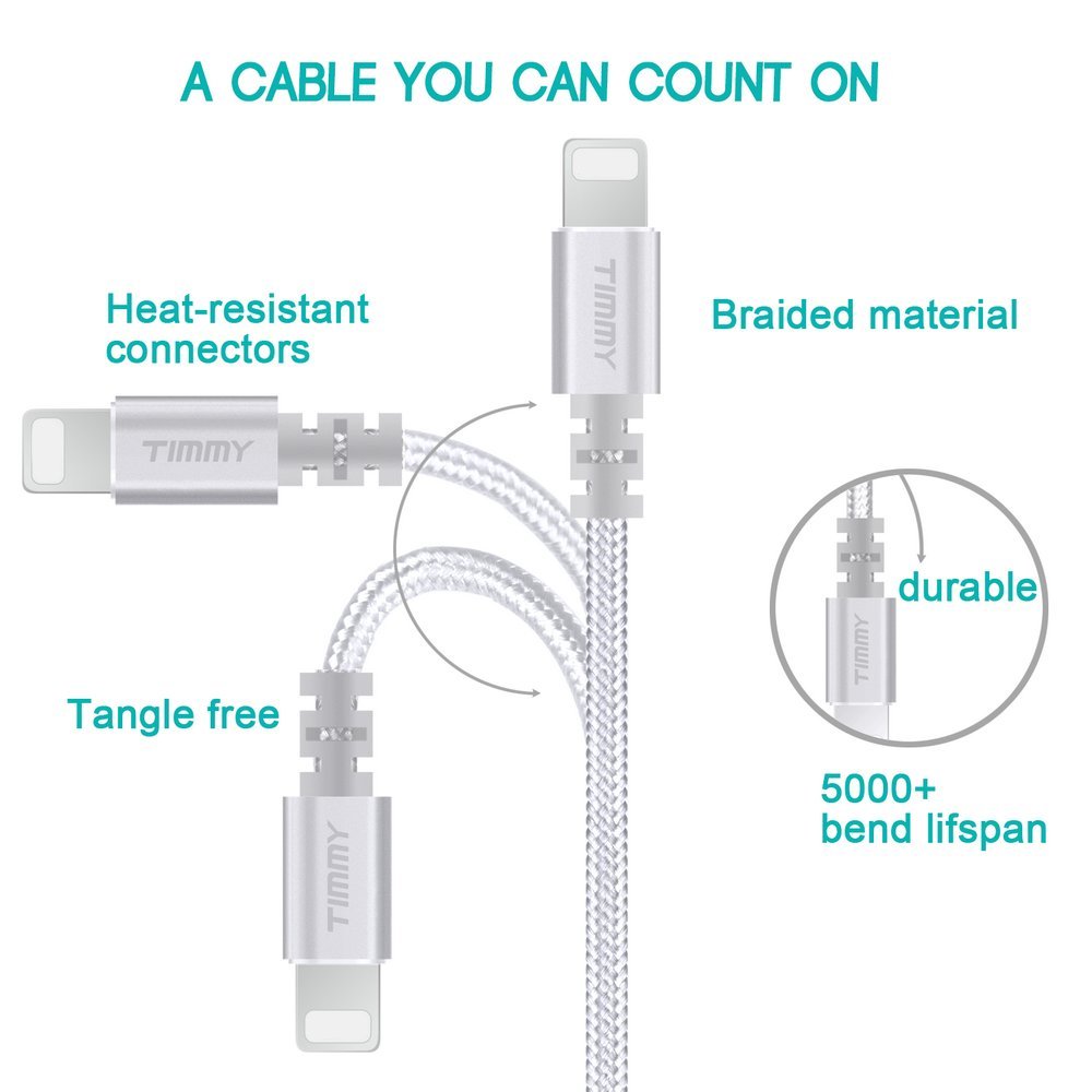 IPhone Charger TIMMY 3Pack 6FT Nylon Braided  Lightning cable certified to charging Cable with charging indictor powerline for iPhone 5/5C/5S/6S/6S PLUS/7/7 plus, iPad Air, and more (silver)