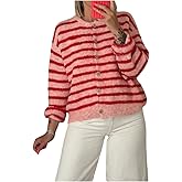 Milumia Women's Striped Button Up Cardigan Sweater Y2k Fall Long Sleeve Crewneck Oversized Sweater Top