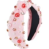 Uintoon Pink Headband for Women Pearl Knotted Headband Sparkly Rhinestone Pearls Top Knotted Headbands Womens Fashion Hair Accessories Cute Hair Bands
