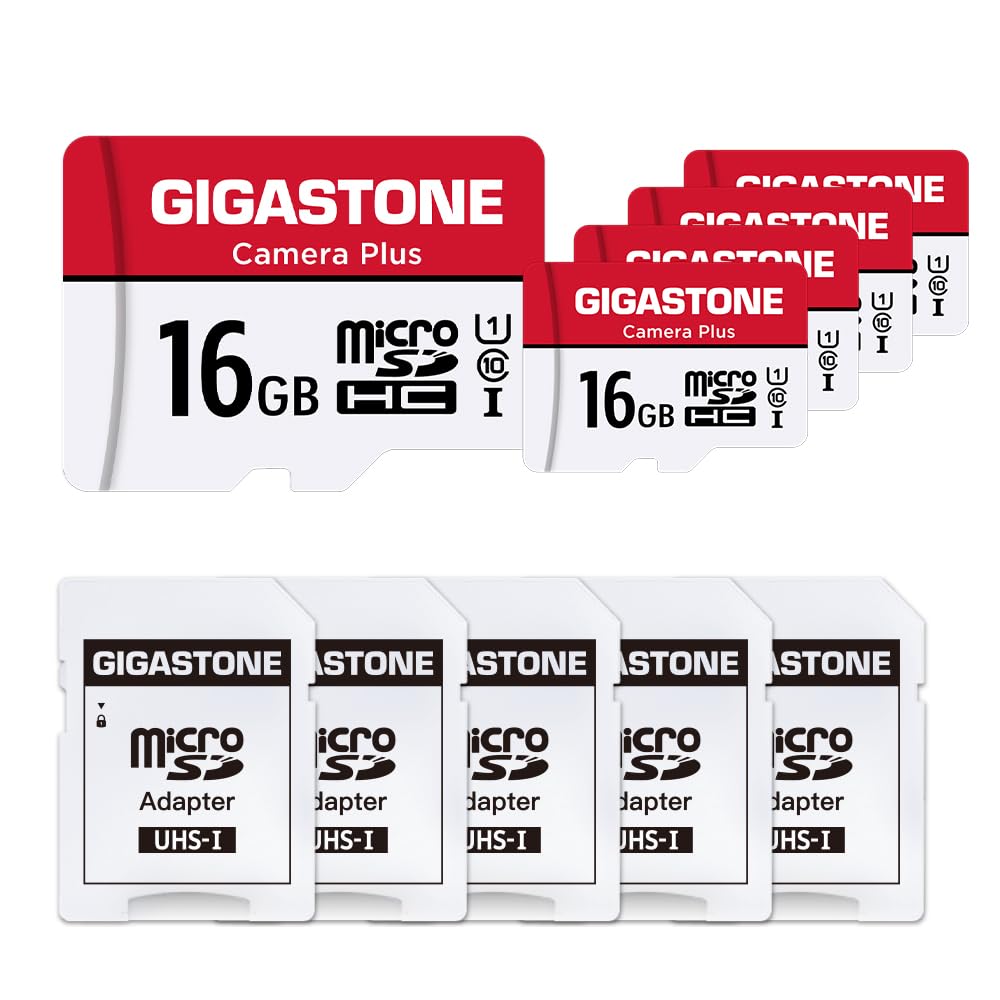 GIGASTONE Micro SD Card 16GB 5-Pack with 5x SD Adapter + 5x Mini-case, Camera Plus 90MB/s, Full HD Video, U1 C10 Class 10 Micro SDHC UHS-I Memory Card, with MicroSD to SD Adapter