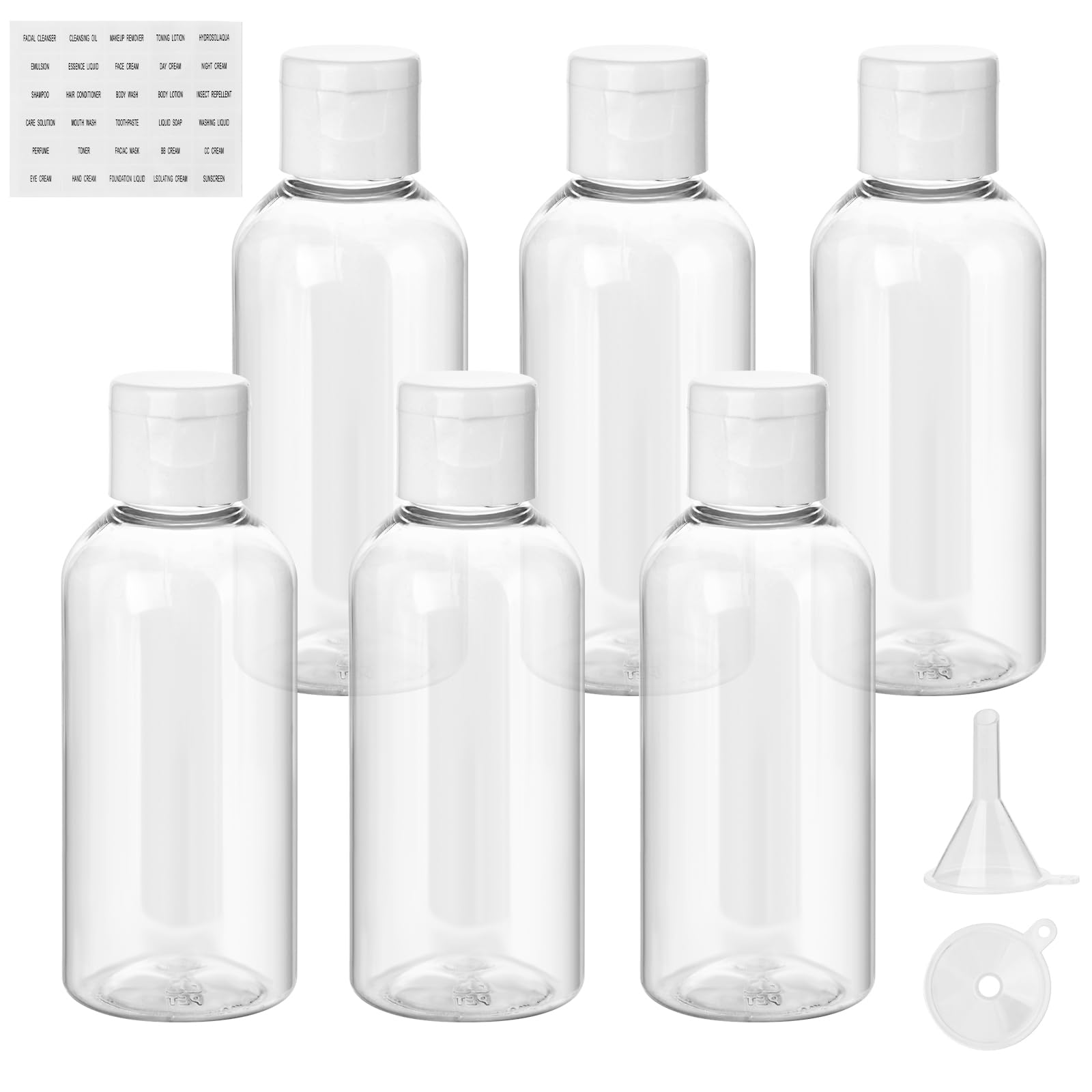 Flintronic 6-Pack Transparent Refillable Travel Bottles, 80ML - Set for Toiletries, Shampoo, Cosmetics with 2 Funnel