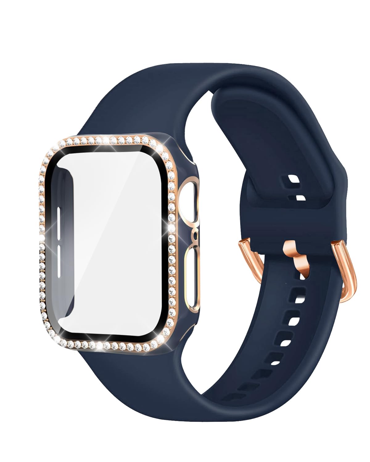 Compatible with Apple Watch Band and Case 38mm 40mm 41mm 42mm 44mm 45mm Women, Soft Silicone Bands and Bling Diamond Case & Glass Screen Protector for iWatch Series 9 8 7 6 5 4 3 2 1 and SE (Blue, 45mm)