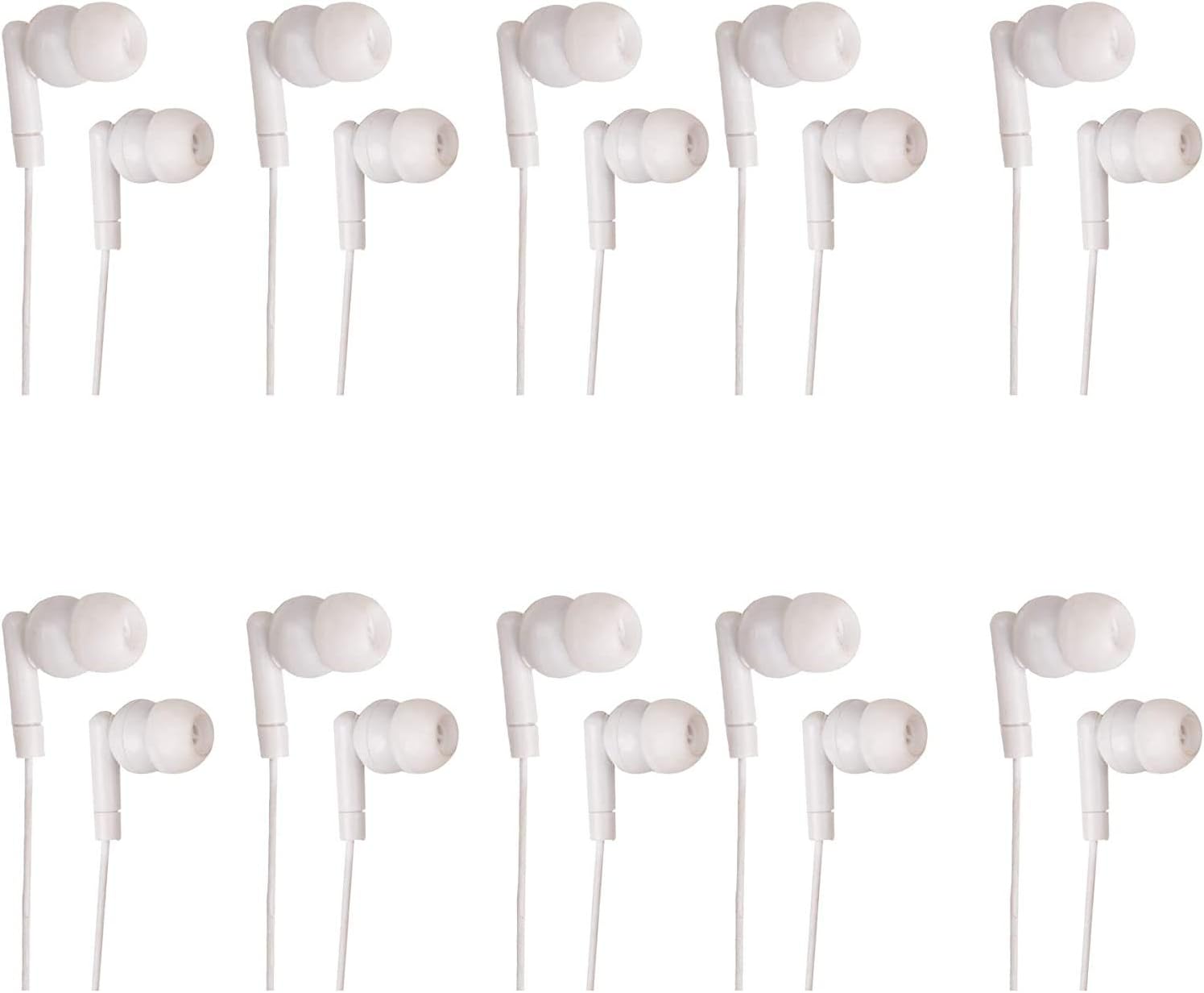 JustJamz® Basic | 10 Pack | Pearl White in-Ear Earbuds | Disposable Earphones | Affordable Headphones | 3.5 MM Audio Jack Earbuds for Schools, Kids, Classrooms & Libraries