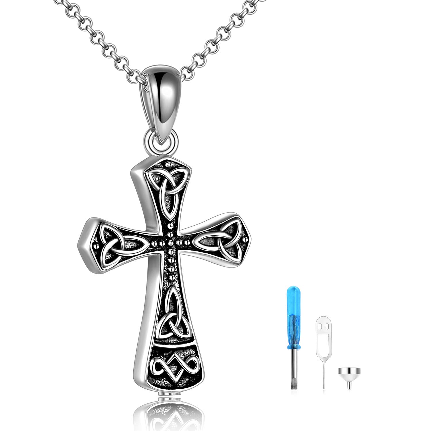 VONALA Celtic Cross Urn Necklace for Ashes Sterling Silver Cremation Memorial Jewelry Vintage Religious Jewellery