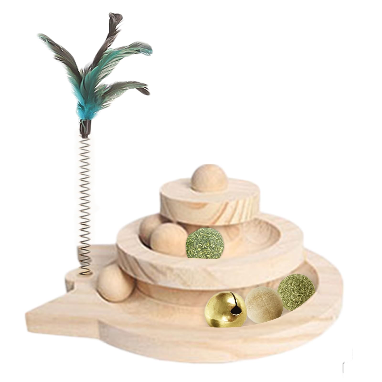 Honicemar 2-Layer Tower Wooden Cat Toy with Ball and Track - Cat Roller Toys Interactive with 3 Types of Balls - Kitty Toy for Cats Indoor Play - Kitten Fun Mental and Physical Exercise