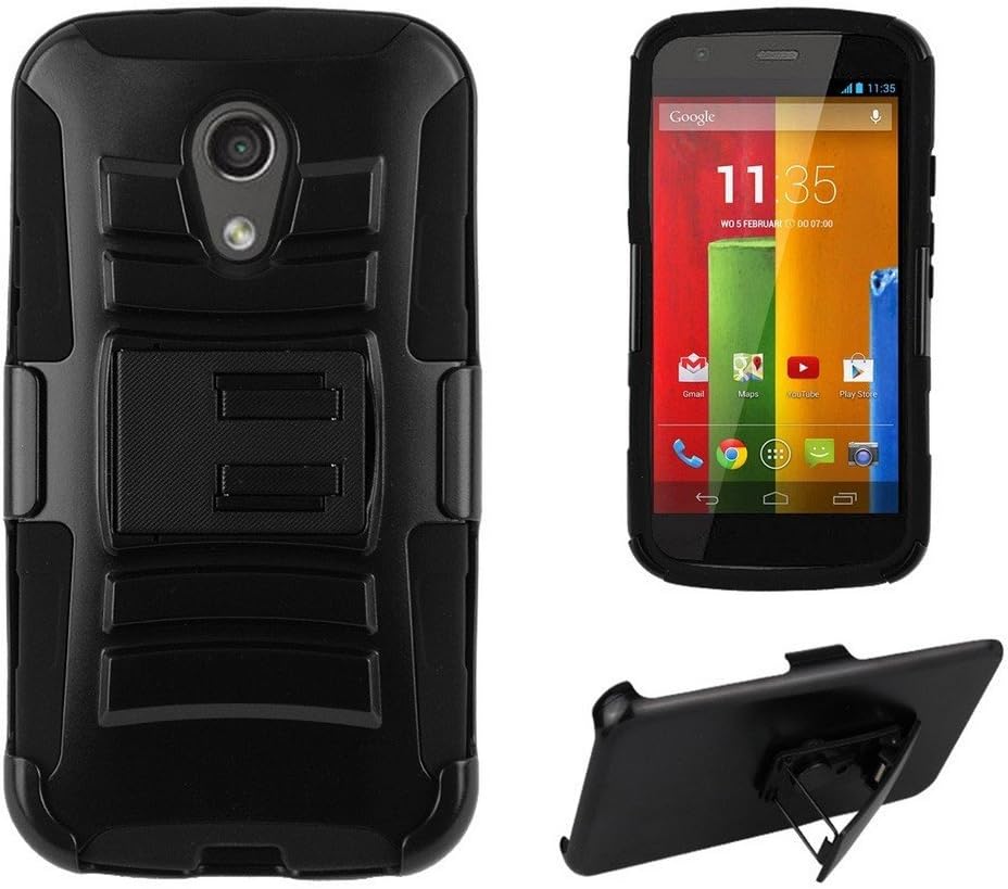 PimpCase Compatible with Moto G 2nd Gen Case, Moto G2, Durable Rugged Cover Hard Shell Silicone Interior Black Phone Cover with Kickstand and Belt Clip Holster