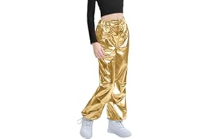 LOLANTA Girls Metallic Jogger Pants, Shiny Jazz Street Hip Hop Dance Pants 7-16, Convertible Leg Opening