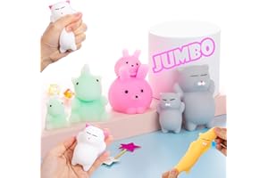 JANESVISSY 6PCS Squishy Toys for Kids - 3 Large + 3 Small Kawaii Mochi Squishy Stress Relievers, Cute Rabbit & taba Squishy Cat Party Favors, Anxiety Relief Toys