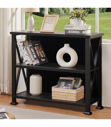 HOMBAZAAR Bookshelf,Small Industrial Bookshelf With Engineered Wood Shelves,3 Tier Shelf Bookcase With Metal Frame,Short Book Shelf For Living Room,Small Space And Office,Rustic Brown - View #8