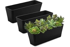 Lainrrew 3 Pack Window Box Planters, 12 Inches Rectangular Planter Plastic Flower Box Plant Pots Plant Containers with Tray for Balcony, Windowsill, Garden, Home Office Outdoor Decoration (Black)