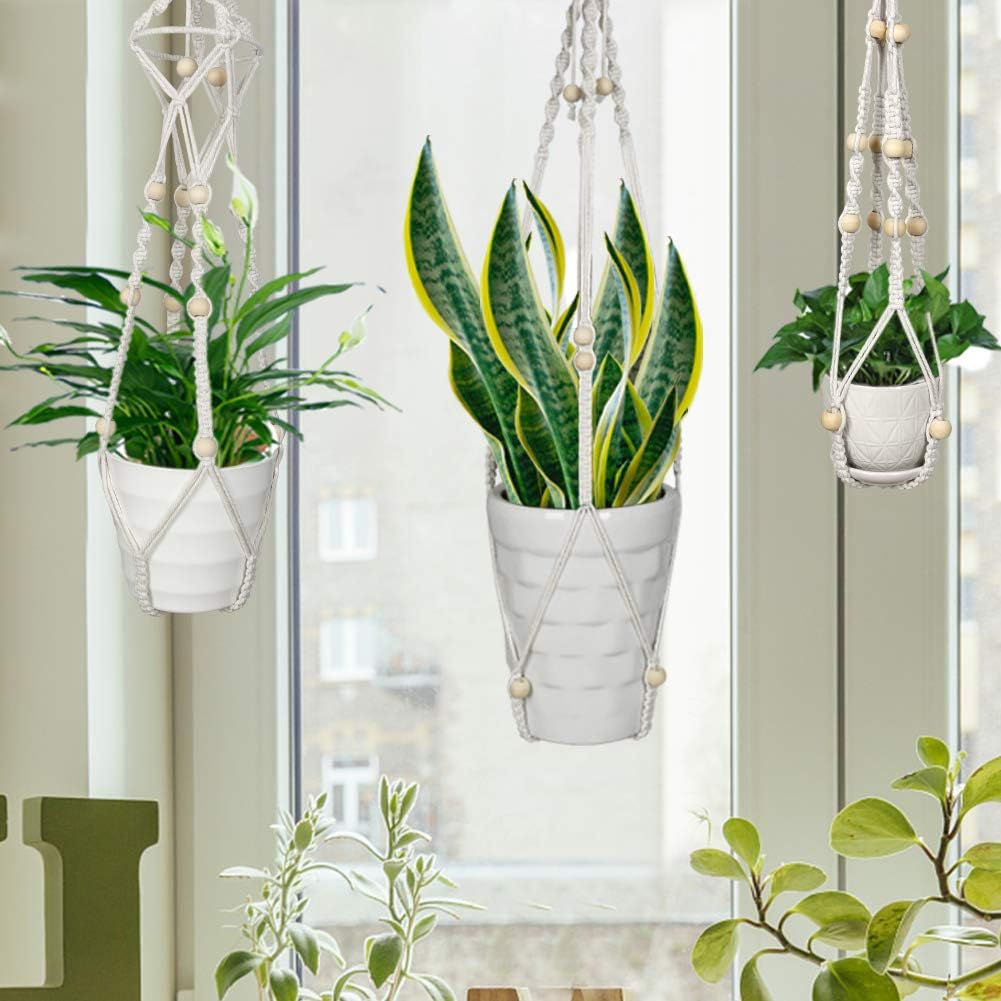 Virgooer 3 Pack Macrame Plant Hangers Indoor Hanging Planters with 6 Hooks, Handmade Cotton Rope Hanging Plant Holder with Beads for Boho Home Décor (3 Sizes, 4 Legs): Kitchen & Dining