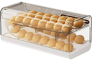 Egg Dispenser for Refrigerator, Stackable Egg Holder with Lid Rolling Eggs Organizer Clear Fridge Storage Container, Grey, an