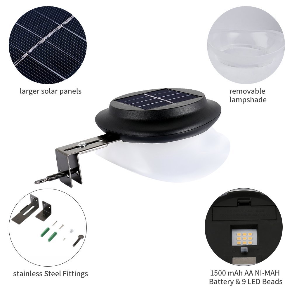 KASUN Solar Gutter Lights, Newest 9 LED Outdoor Fence Light Waterproof Wall Lamps for Garden Patio Driveway Deck Stairs - White Light, Pack of 6