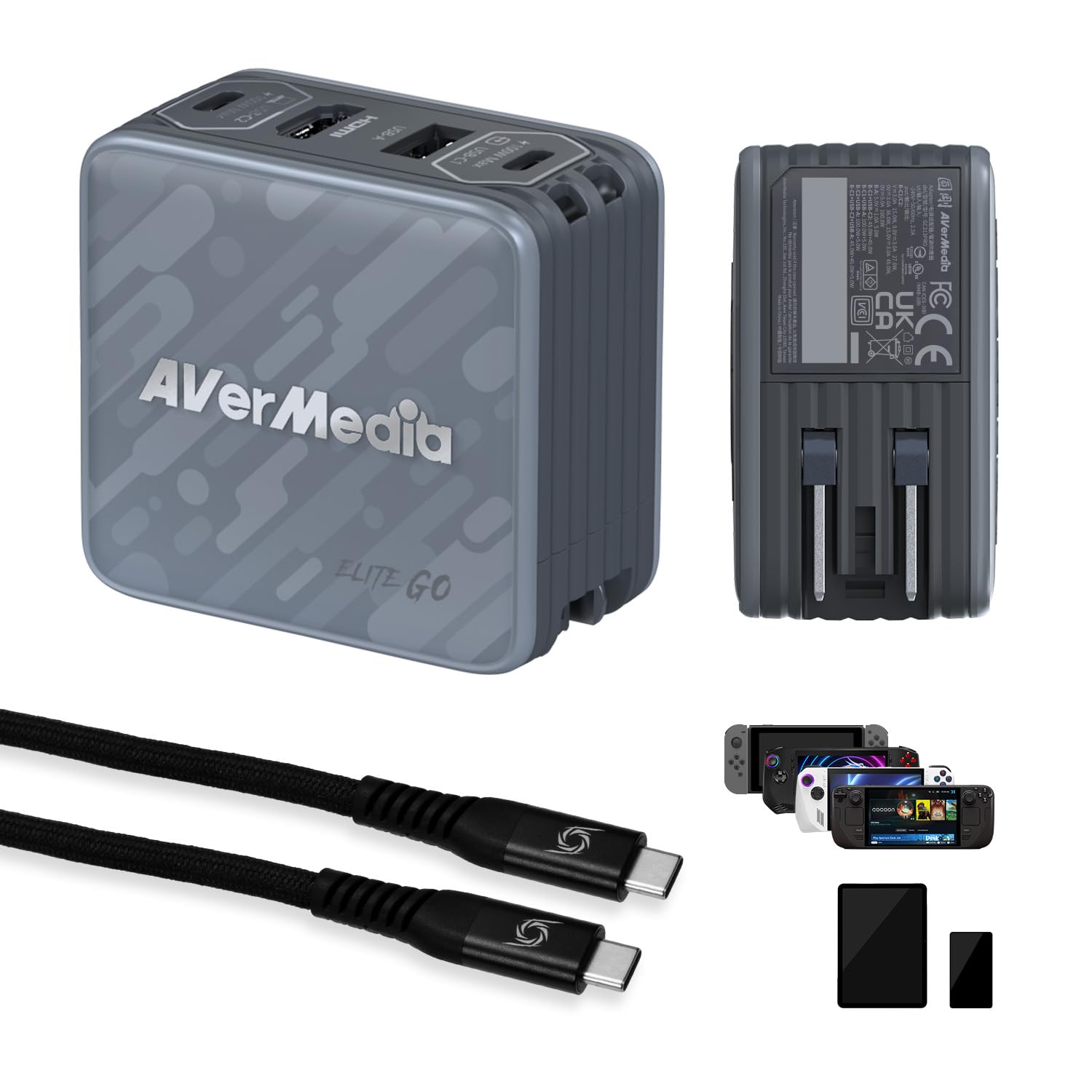 AVerMedia Elite Go – USB-C Capture Card for Streaming, 4K60 HDMI Output, 1080p60 Recording, Portable Switch 2 TV Dock, 100W GaN Charging Hub – PC, Mac, Handhelds, Smartphones/Tablets Compatible