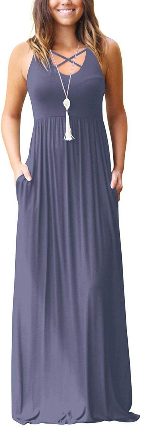 EZBELLE Women's Sleeveless Racerback and Long Sleeve Maxi Dresses with Pockets Plain Loose Long Dresses