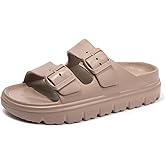 FUNKYMONKEY Women's Comfort Slides Double Buckle Adjustable Plastics Flat Sandals