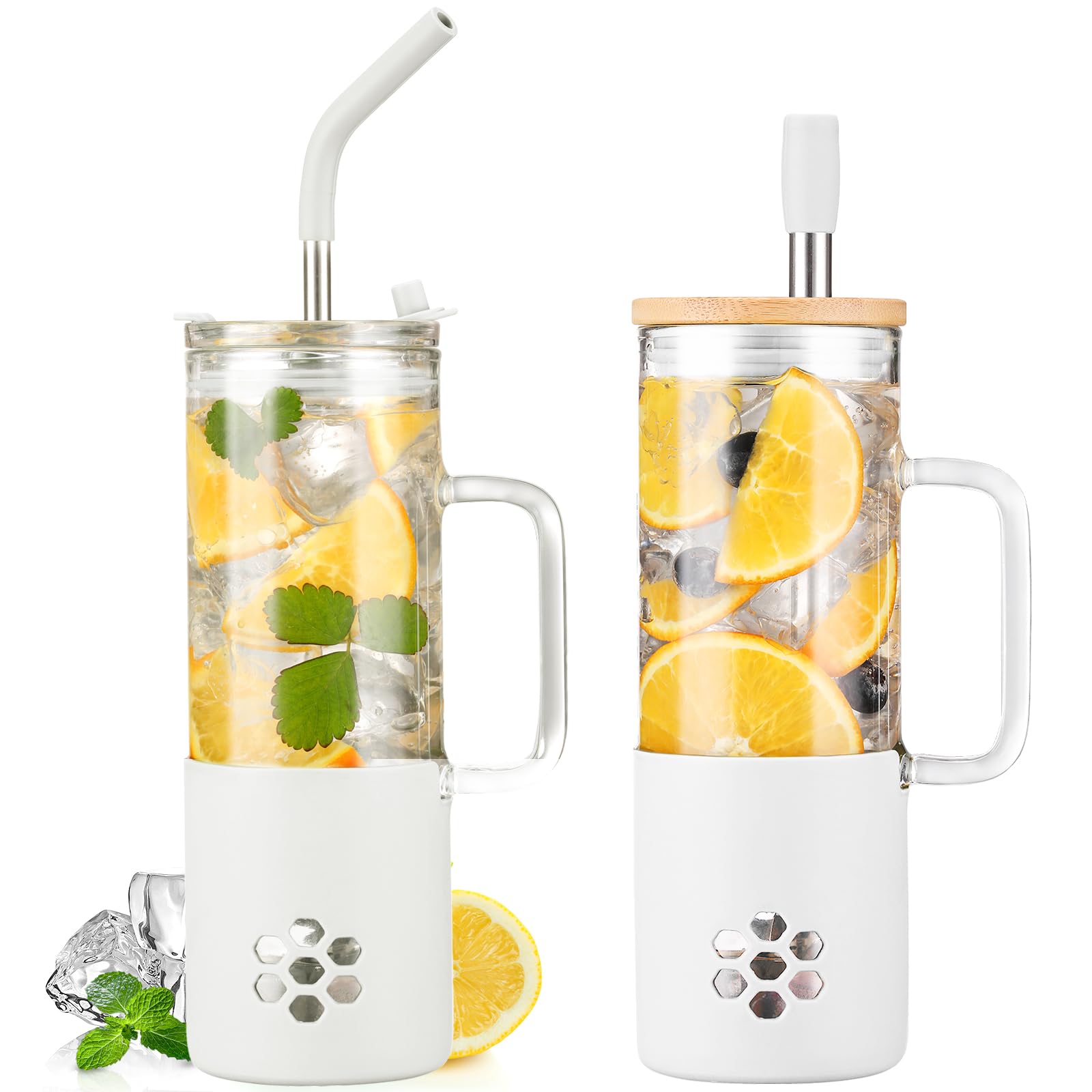BLUEGO 600ml Glass Cup with 2 Lids and Handle, Cute Glass Tumbler with Straws and Silicone Sleeve, Iced Coffee Cup, 0.6L Smoothie Tumbler, Reusable Bubble Tea Cup,Travel Mug, White