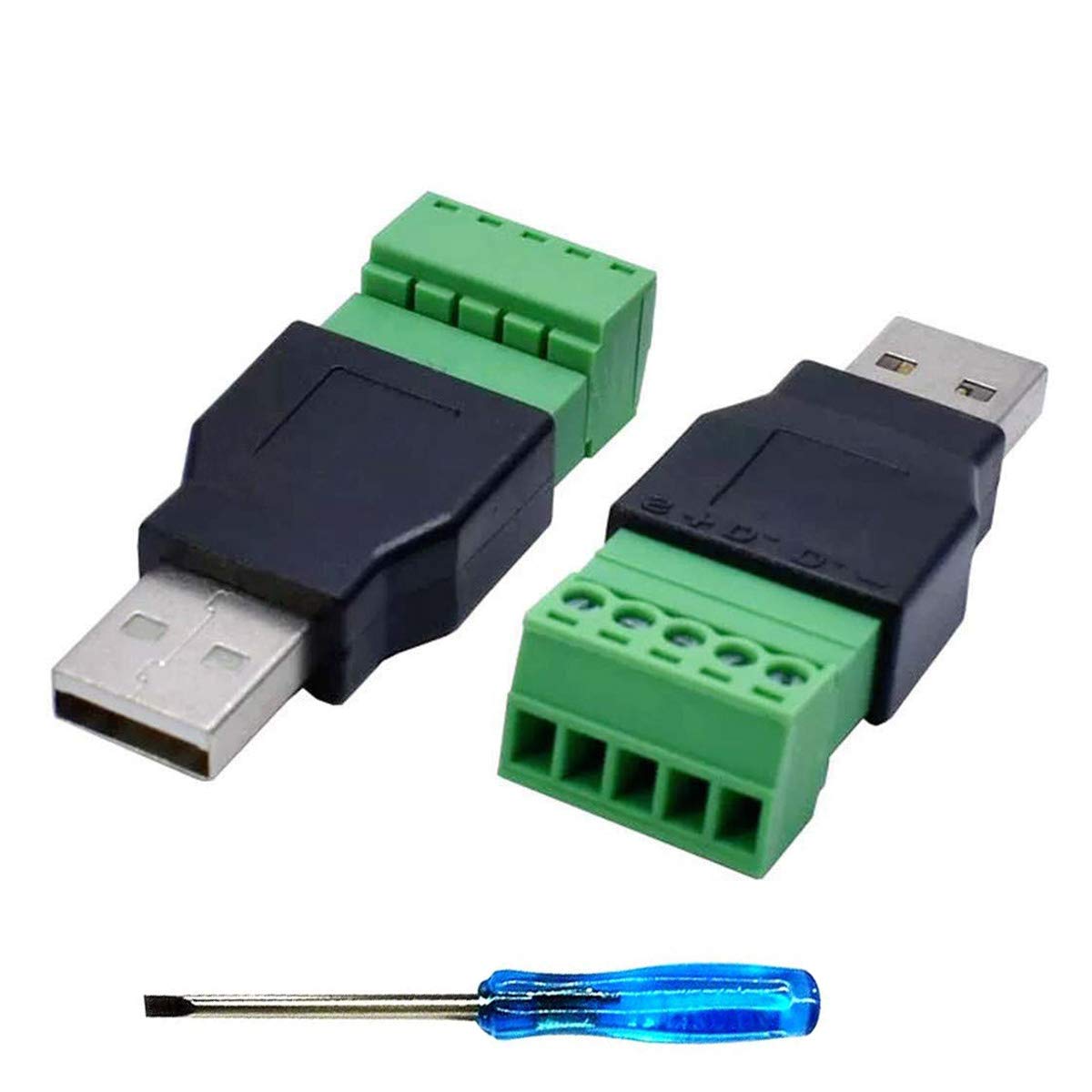 Greluma 2 Pcs USB 2.0 A Screw Terminal Block Connector with A Screwdriver, USB 2.0 A Male Plug to 5 Pin Female Bolt Screw Shield Terminal Plug Adapter Connector Converter 300V 8A