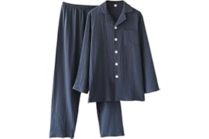 Xiaojmake Mens Cotton Pajamas Set Plus Size Cotton Gauze Pj Sets Long Sleeve Button Down Sleepwear Soft Solid Pj Lounge Sets