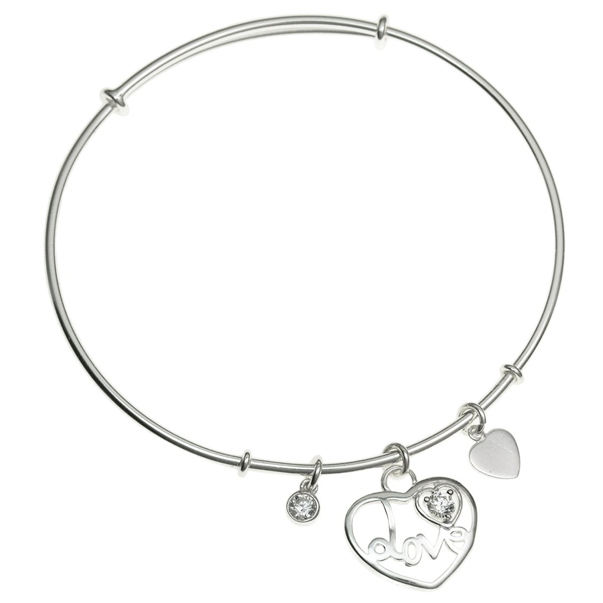 Queenberry Sterling Silver Cubic Zirconia Love Heart Dangle Charm Bangle Bracelet, Adjustable 7"-7.5"