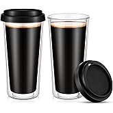 Honeydak 2 Pack 16 oz Double Walled Glass Coffee Mugs with Silicone Lids Clear Insulated Glass Travel Cups Reusable Hot and Iced Coffee Tumblers for Travel Home Office