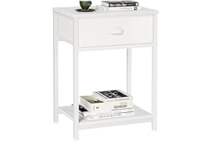 Furologee White Nightstand with Fabric Drawer, Small Side Table for Small Spaces, 2 Tiers Storage Shelves End Table, Night Stand for Living Room, Bedroom, Dorm