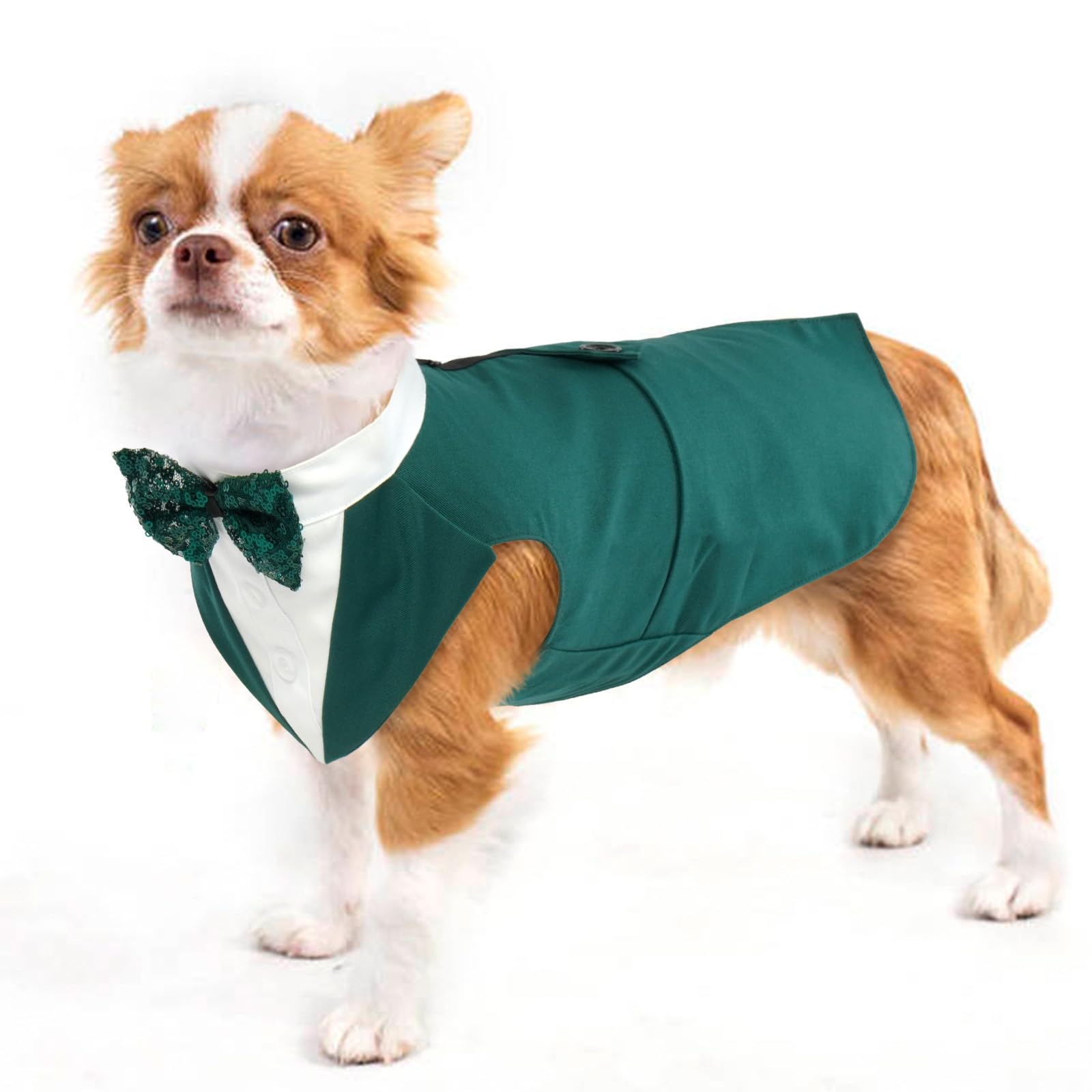 Dog Waistcoat & Tuxedo for Large Dogs - Wedding Costume with Bow Tie (Dark Green, S)
